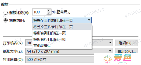 在打印设置中调整尺寸